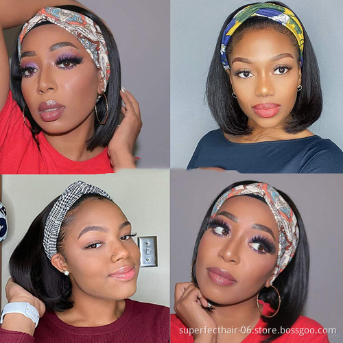 Wholesale Cheap Short 8inch-14inch  Headband Wig Straight natural Color Bob Wig Human Hair Headband Wigs For Black Women